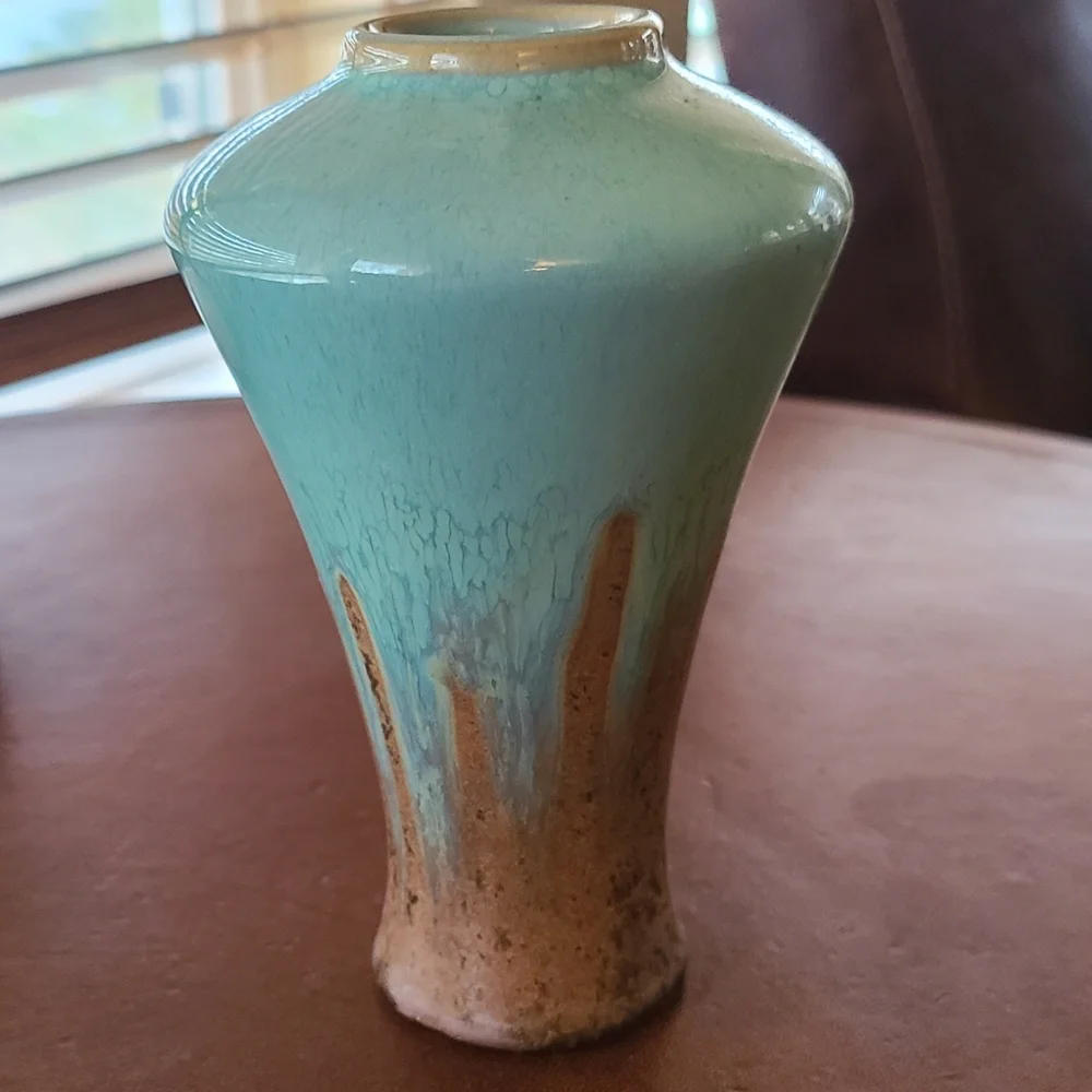 Arts & Crafts style studio pottery vase with beautiful soft blue and brown glaze